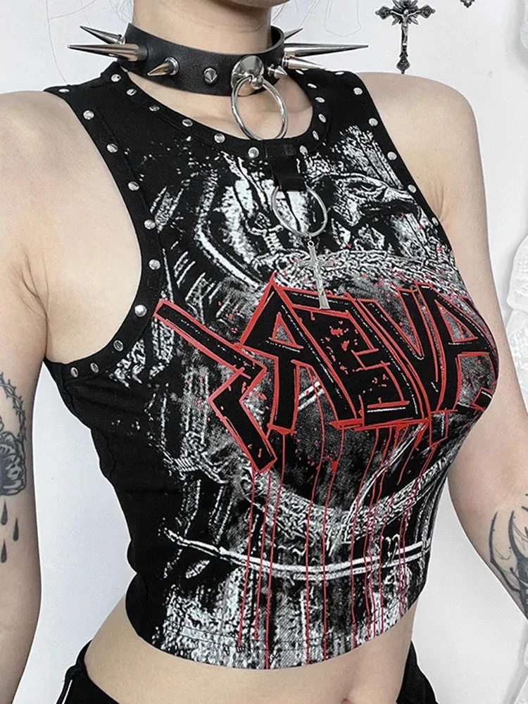 Gothic Print Crop Retro Rivet Graphic Top