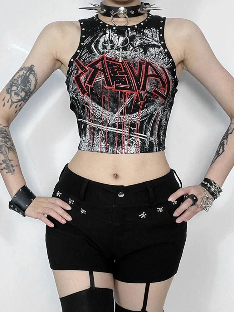 Gothic Print Crop Retro Rivet Graphic Top