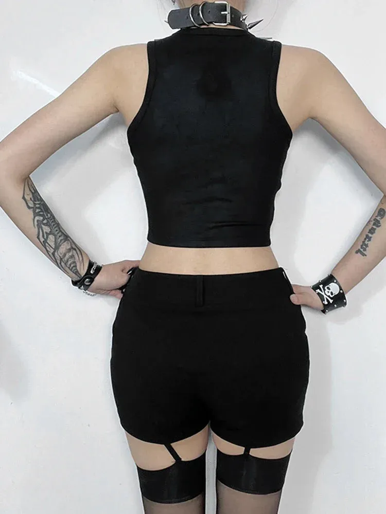 Gothic Print Crop Retro Rivet Graphic Top
