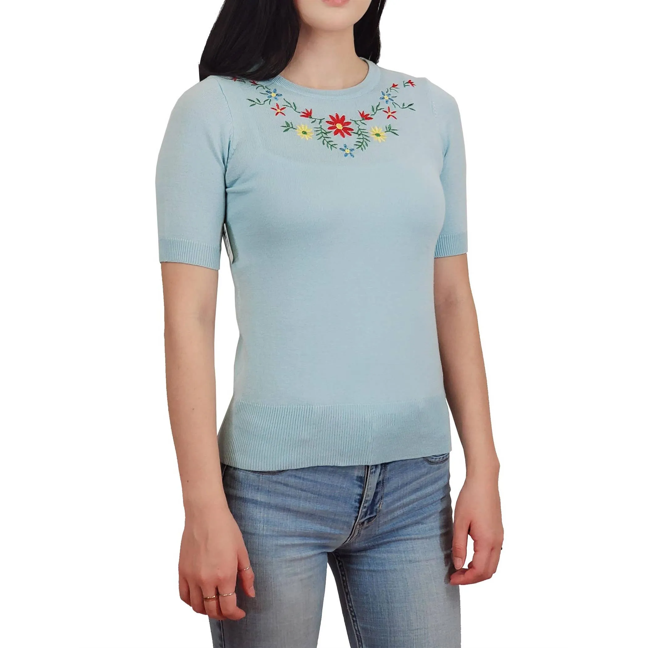 Half Sleeve Daisy Flower Embroidered Knit Pullover Tee MK3664EMBO(S-XL)