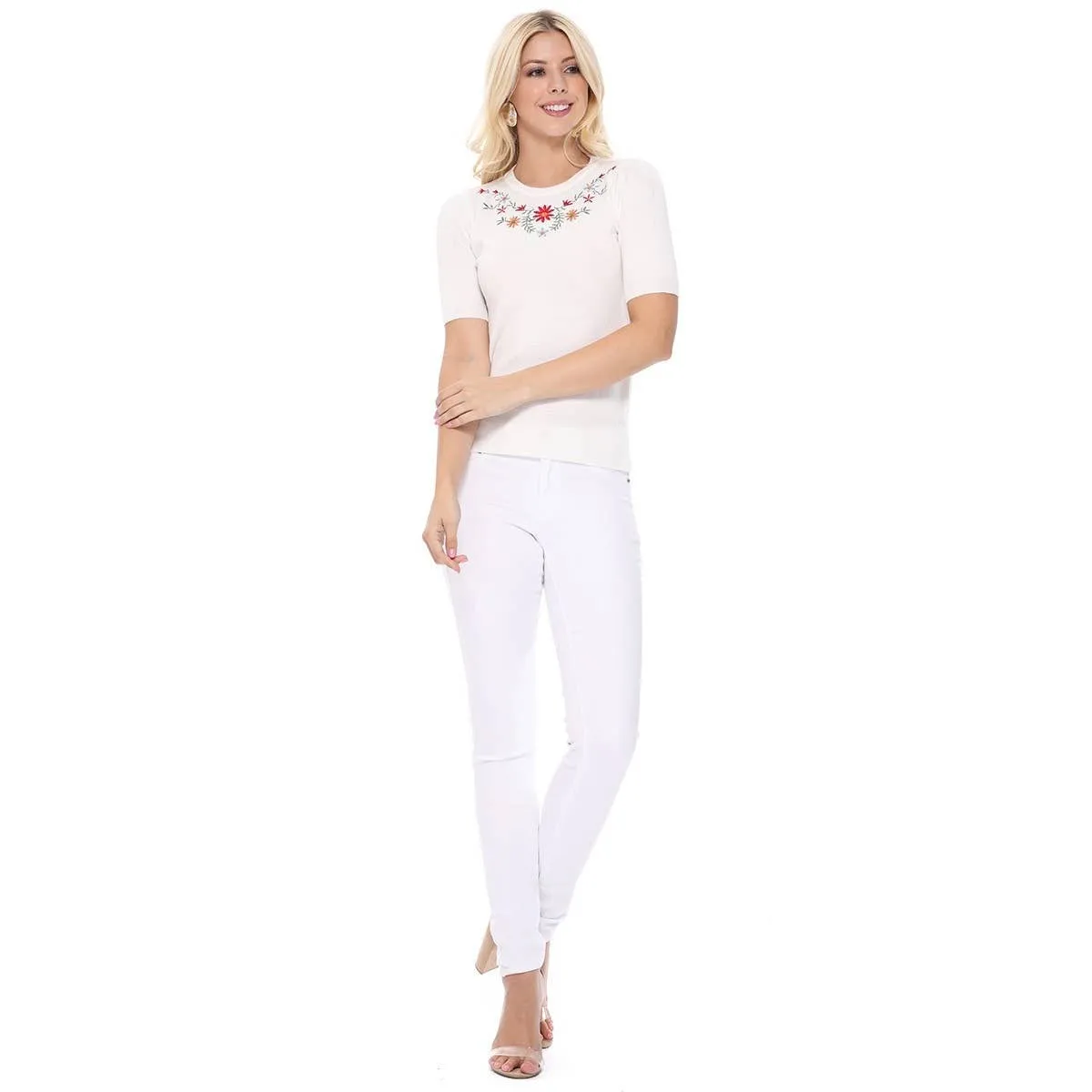 Half Sleeve Daisy Flower Embroidered Knit Pullover Tee MK3664EMBO(S-XL)