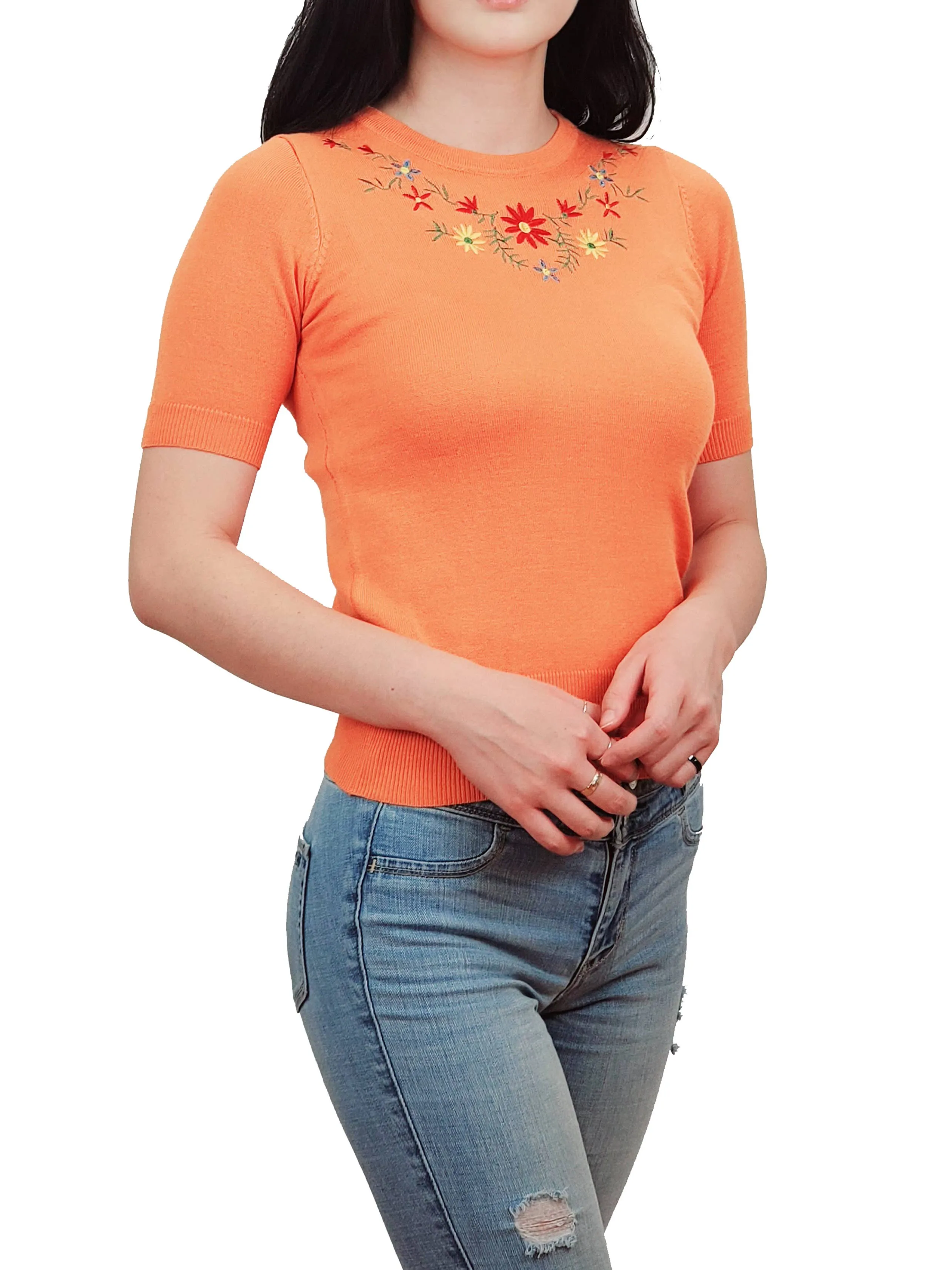 Half Sleeve Daisy Flower Embroidered Knit Pullover Tee MK3664EMBO(S-XL)