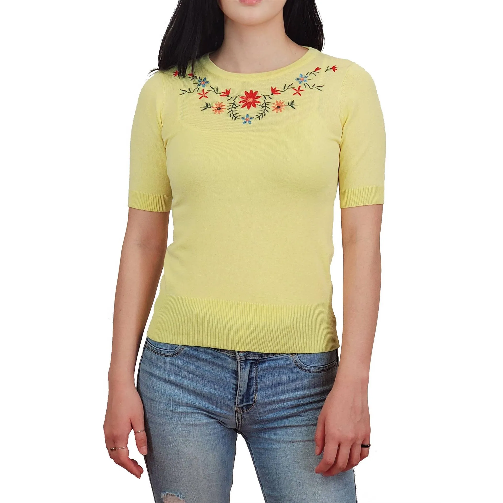 Half Sleeve Daisy Flower Embroidered Knit Pullover Tee MK3664EMBO(S-XL)