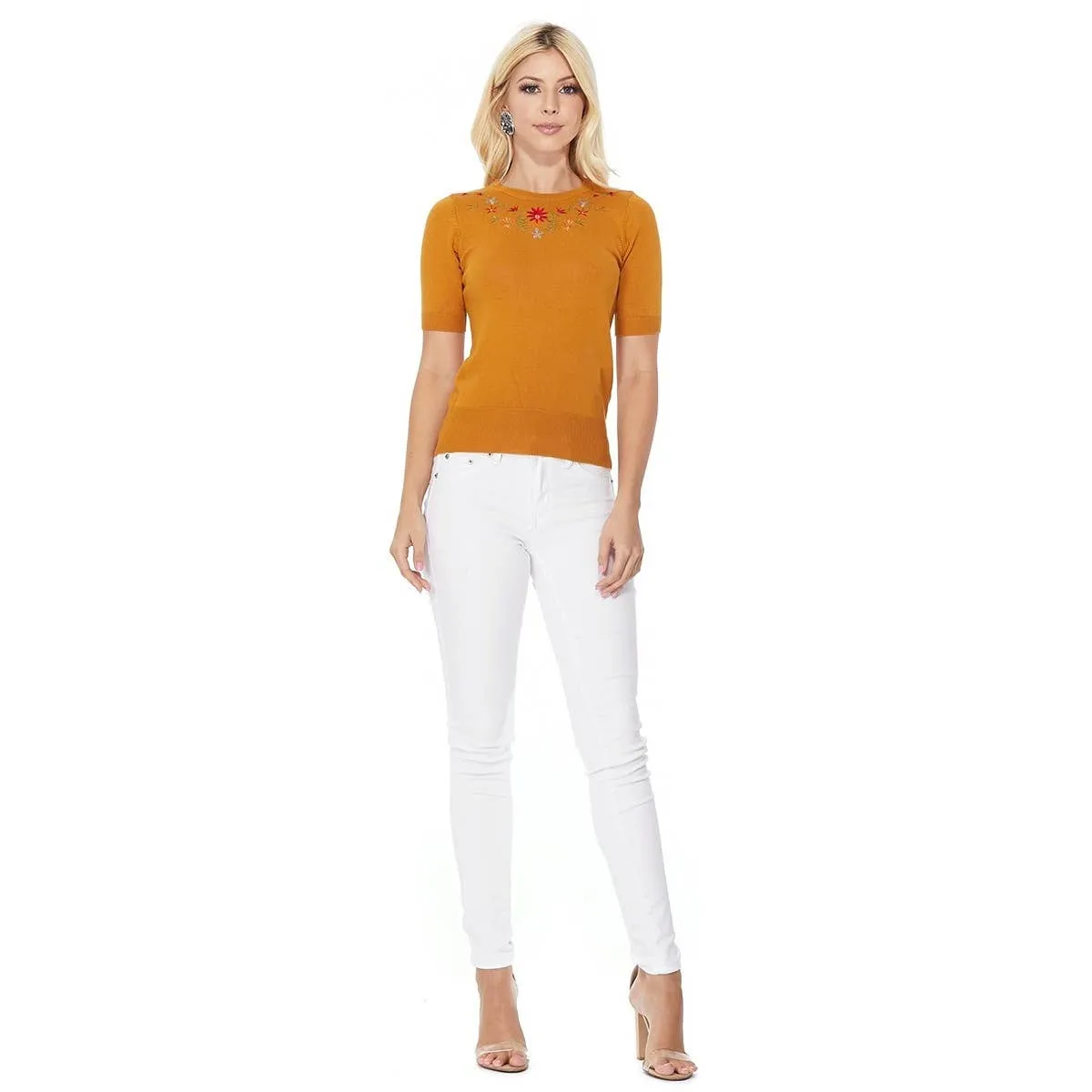 Half Sleeve Daisy Flower Embroidered Knit Pullover Tee MK3664EMBO(S-XL)