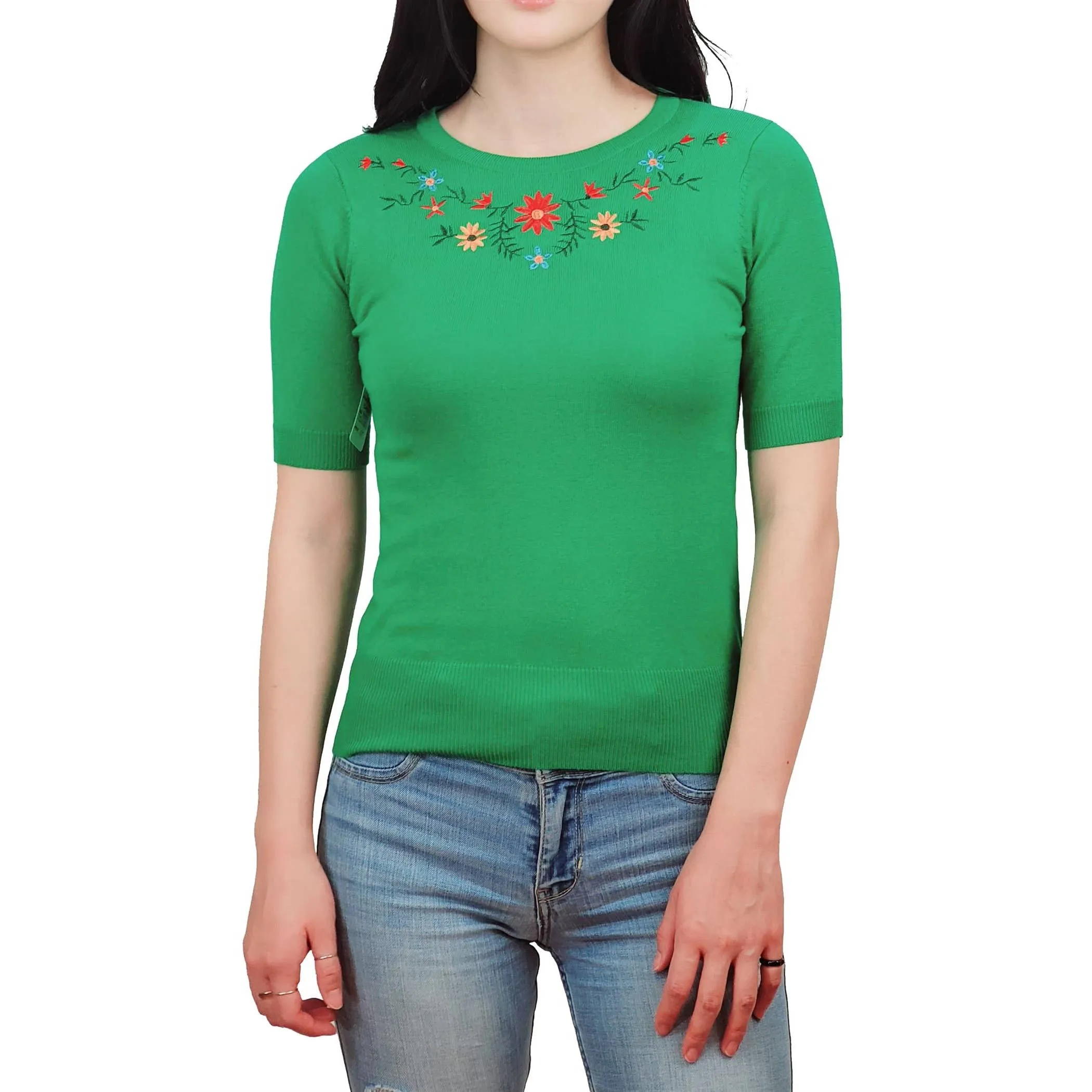 Half Sleeve Daisy Flower Embroidered Knit Pullover Tee MK3664EMBO(S-XL)