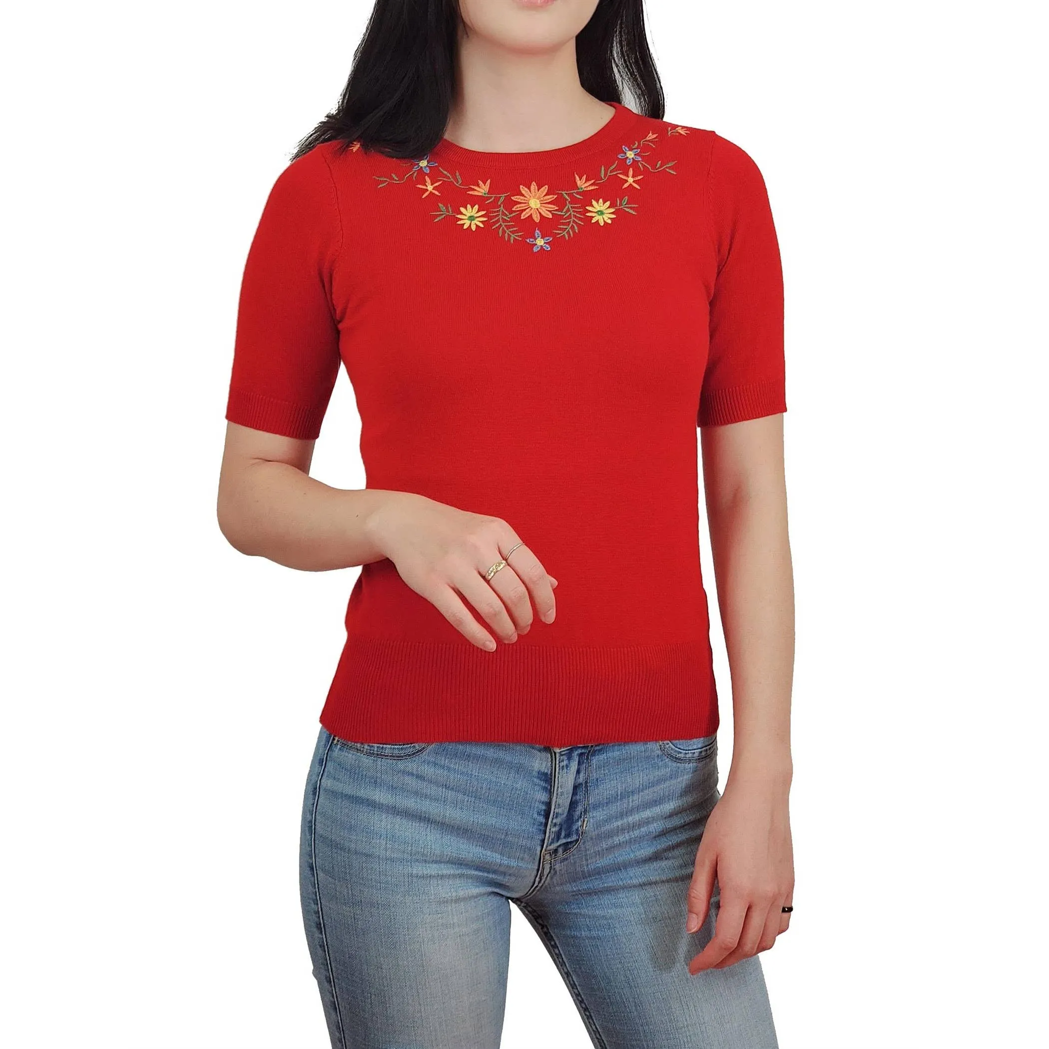 Half Sleeve Daisy Flower Embroidered Knit Pullover Tee MK3664EMBO(S-XL)
