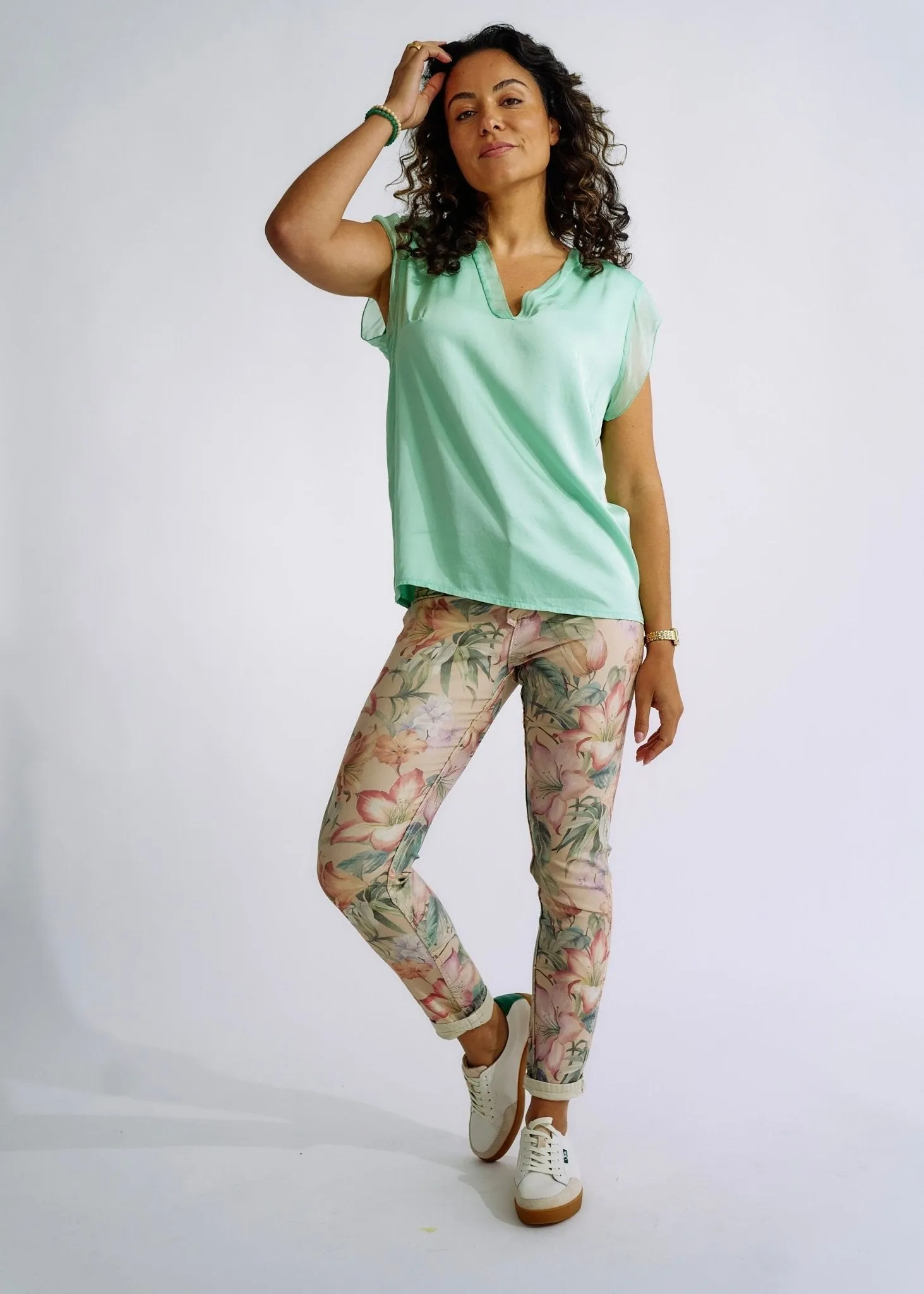 Italian Satin V Neck tee with Silk Trims in Aqua