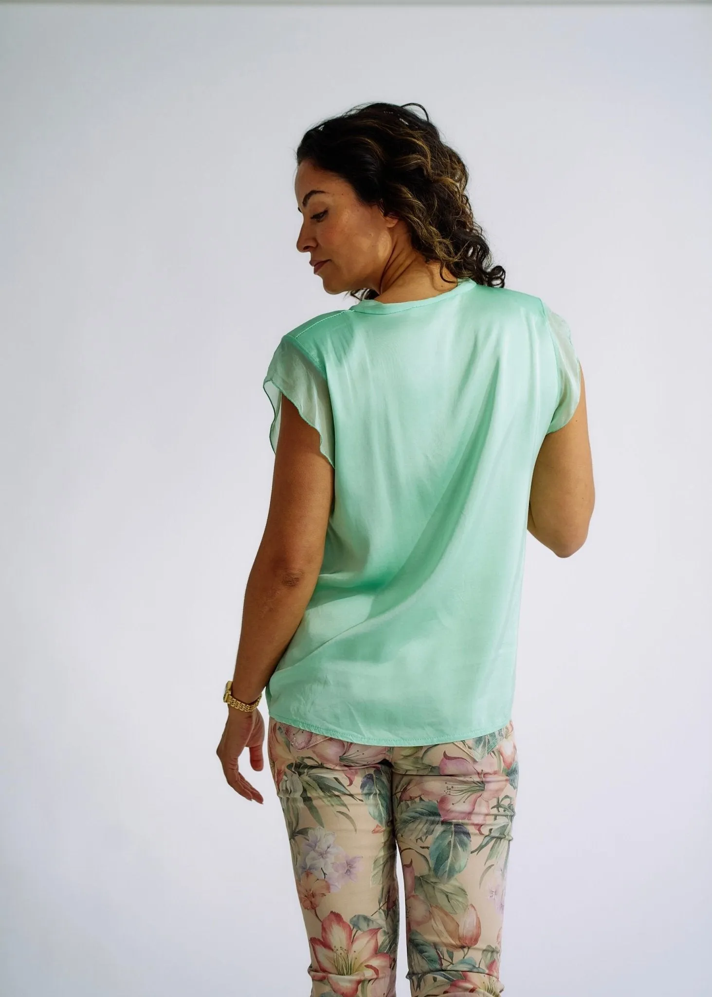 Italian Satin V Neck tee with Silk Trims in Aqua