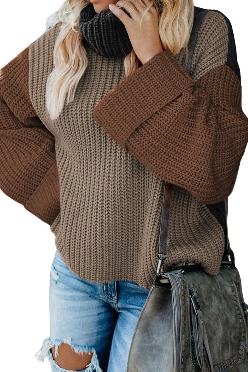 Khaki Color Block Warm Turtleneck Pullover Knit Sweater