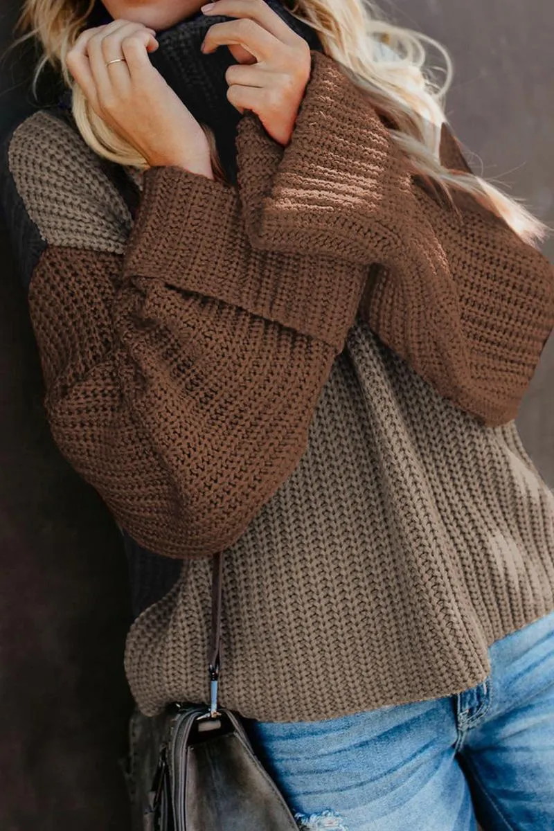 Khaki Color Block Warm Turtleneck Pullover Knit Sweater