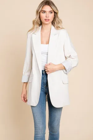 Lapel Neck Solid Pocket Long Sleeve Linen Blazer