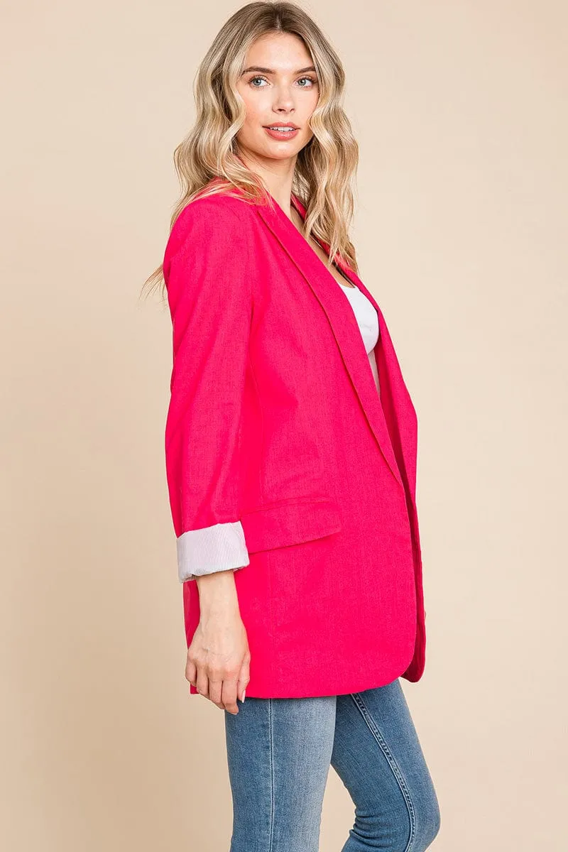 Lapel Neck Solid Pocket Long Sleeve Linen Blazer