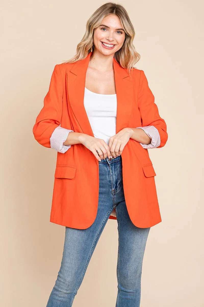 Lapel Neck Solid Pocket Long Sleeve Linen Blazer