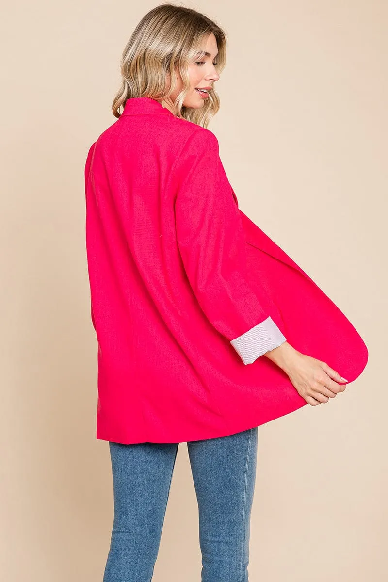 Lapel Neck Solid Pocket Long Sleeve Linen Blazer