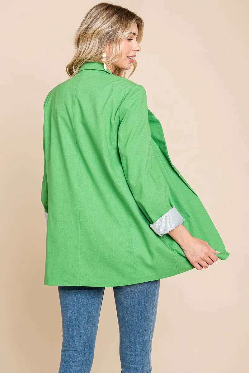 Lapel Neck Solid Pocket Long Sleeve Linen Blazer
