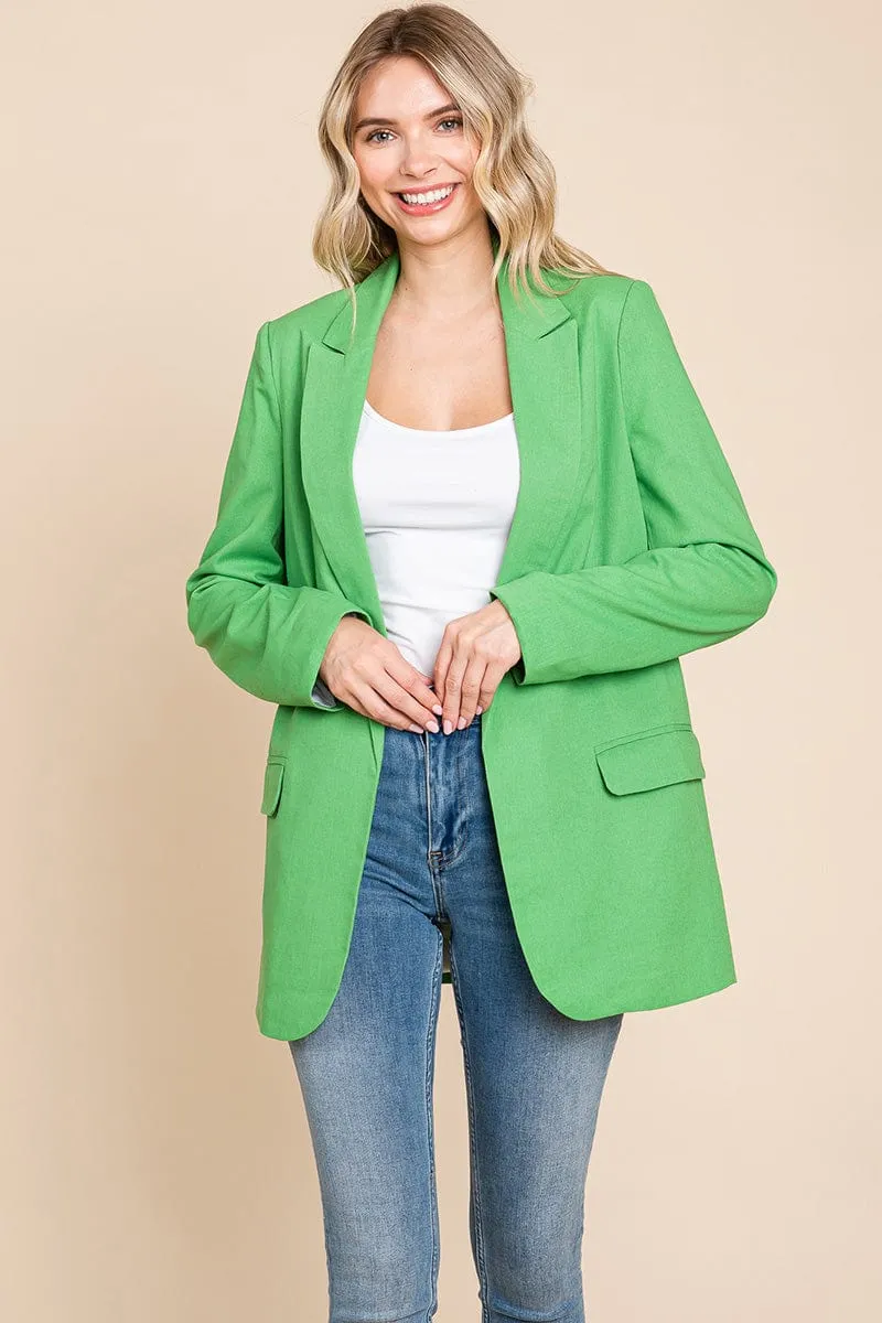 Lapel Neck Solid Pocket Long Sleeve Linen Blazer