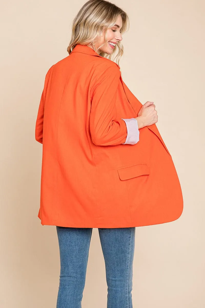 Lapel Neck Solid Pocket Long Sleeve Linen Blazer
