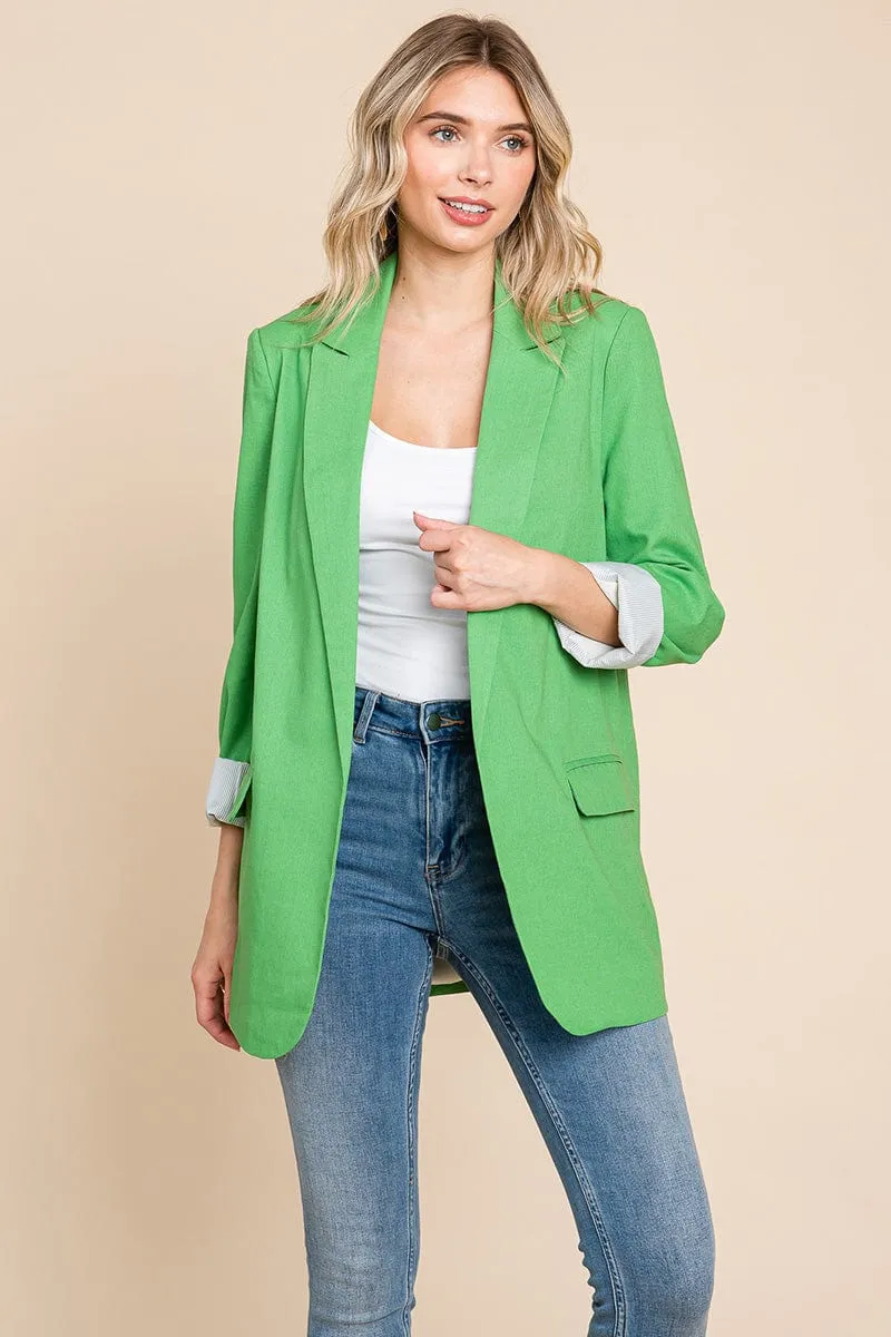 Lapel Neck Solid Pocket Long Sleeve Linen Blazer
