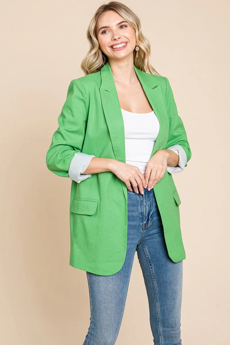 Lapel Neck Solid Pocket Long Sleeve Linen Blazer