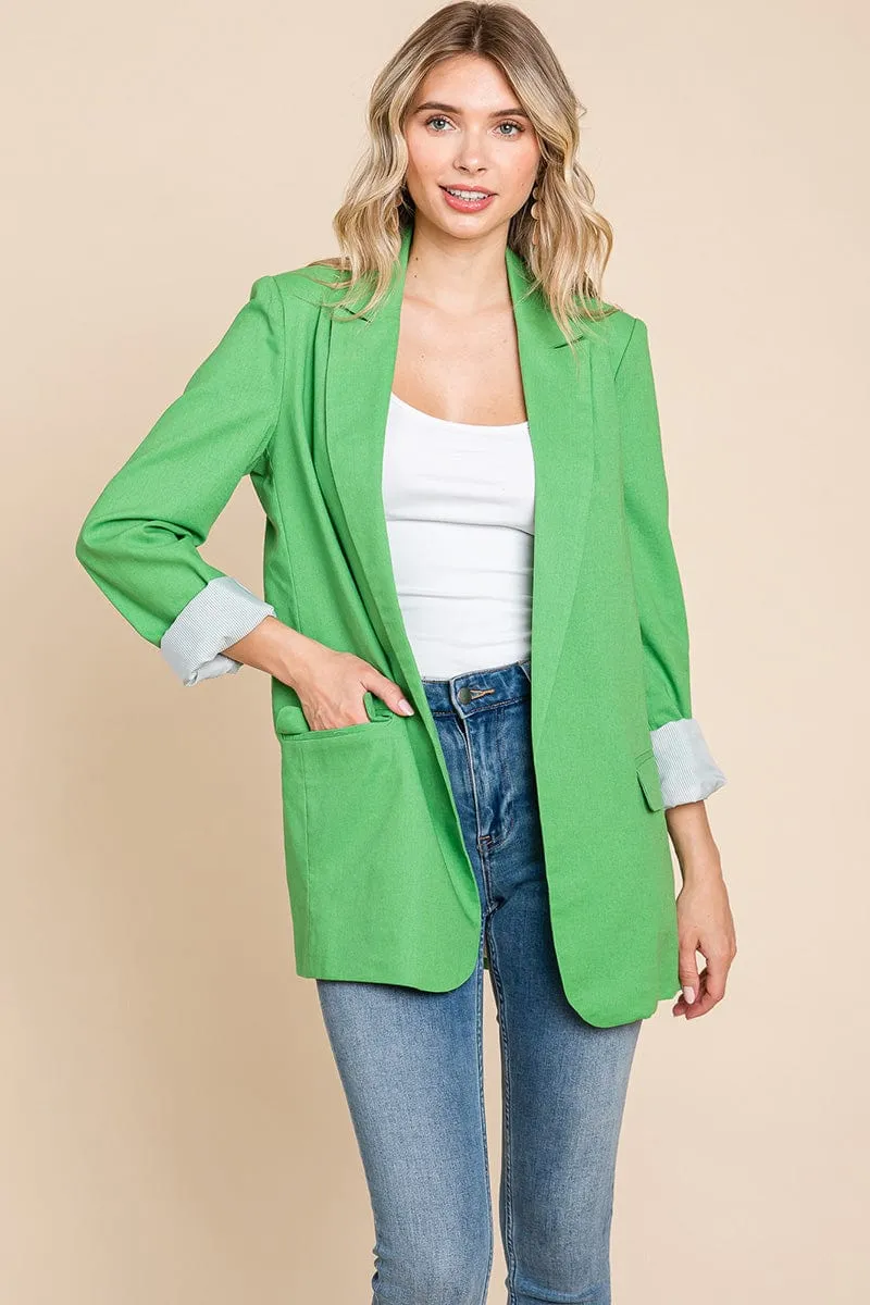 Lapel Neck Solid Pocket Long Sleeve Linen Blazer