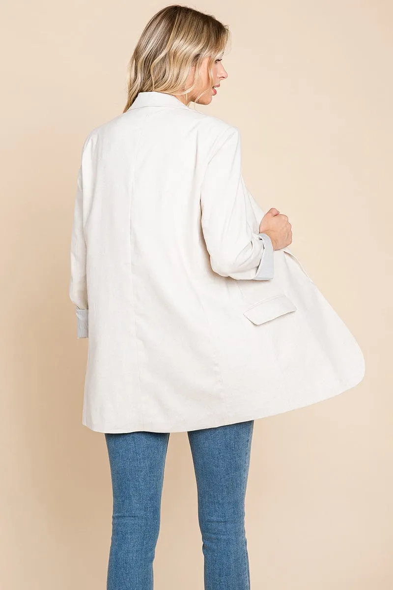 Lapel Neck Solid Pocket Long Sleeve Linen Blazer