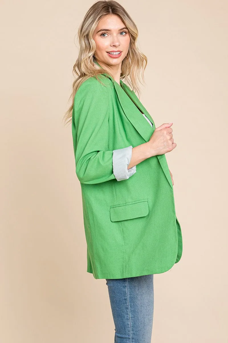 Lapel Neck Solid Pocket Long Sleeve Linen Blazer