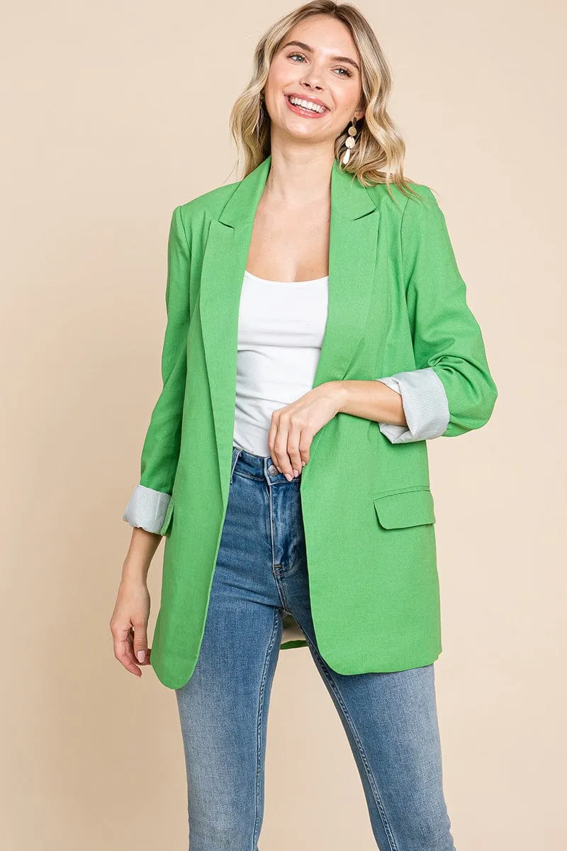 Lapel Neck Solid Pocket Long Sleeve Linen Blazer