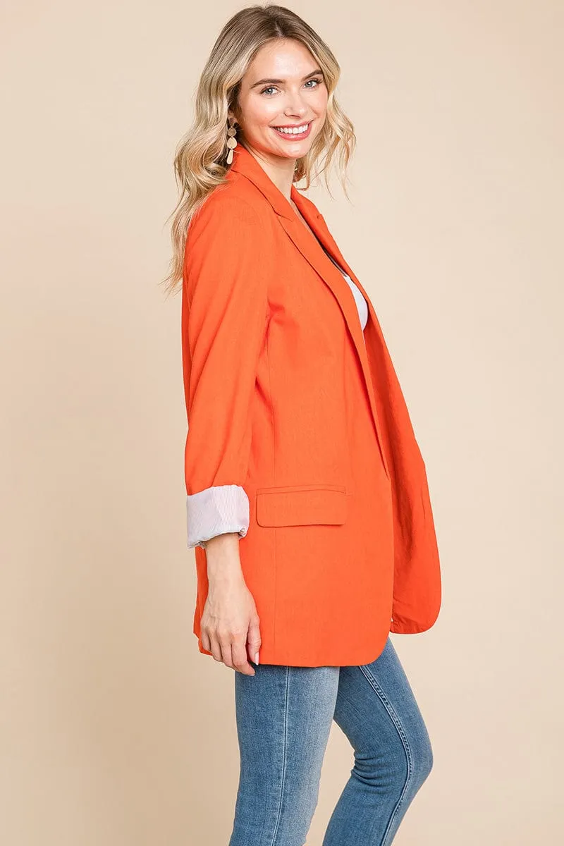 Lapel Neck Solid Pocket Long Sleeve Linen Blazer