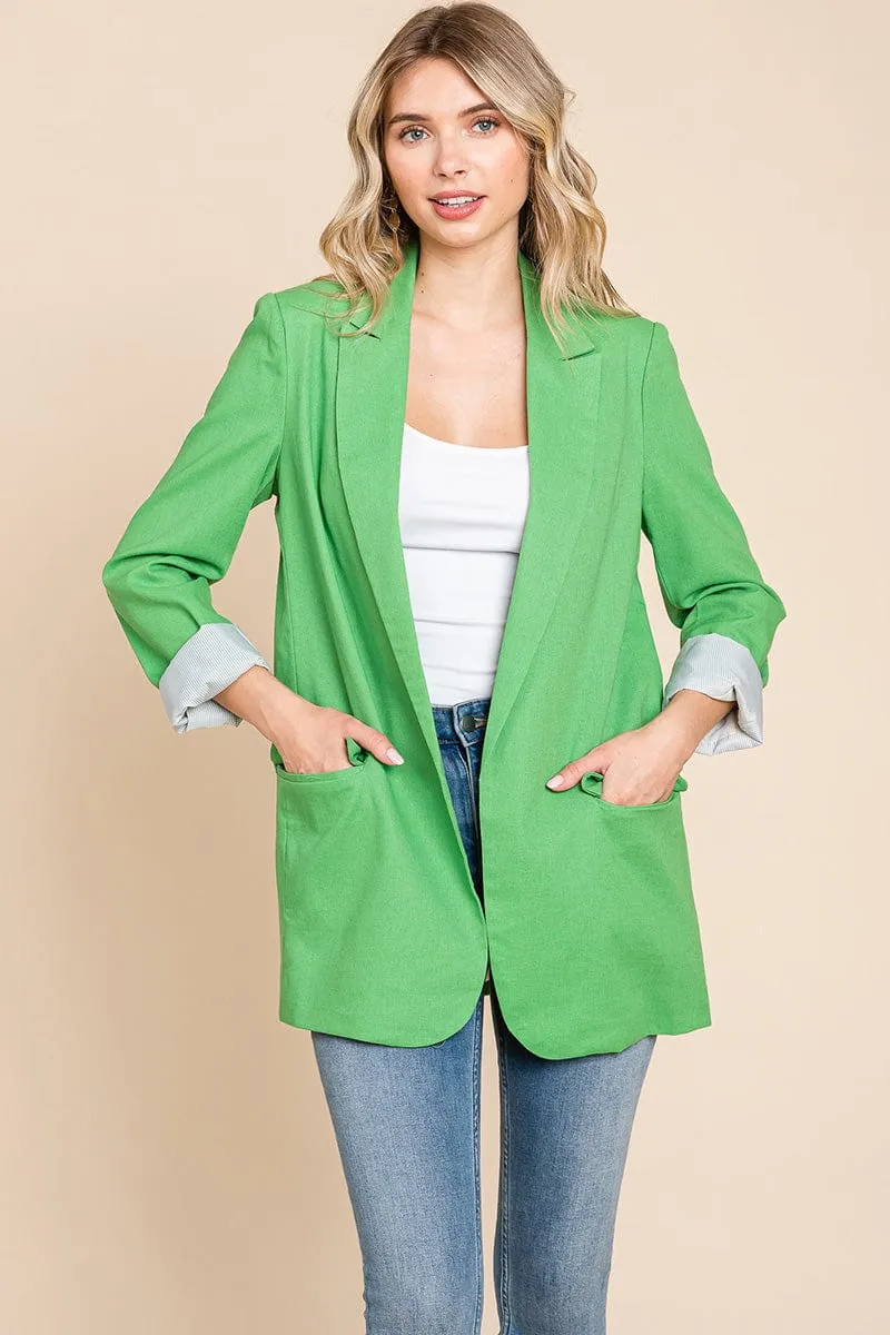 Lapel Neck Solid Pocket Long Sleeve Linen Blazer