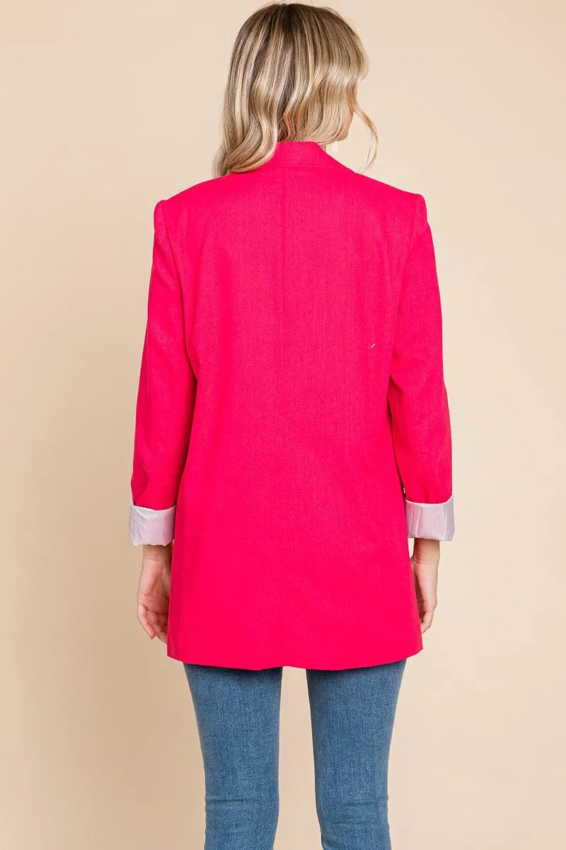 Lapel Neck Solid Pocket Long Sleeve Linen Blazer