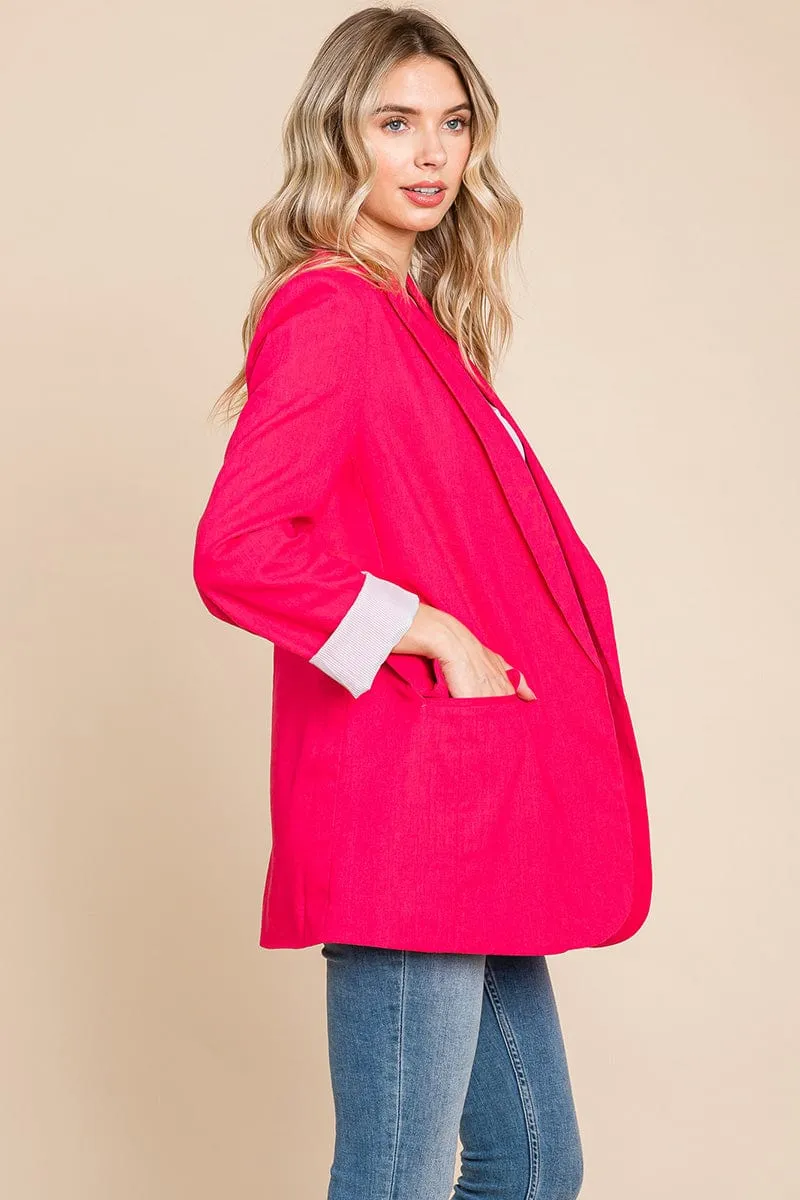 Lapel Neck Solid Pocket Long Sleeve Linen Blazer