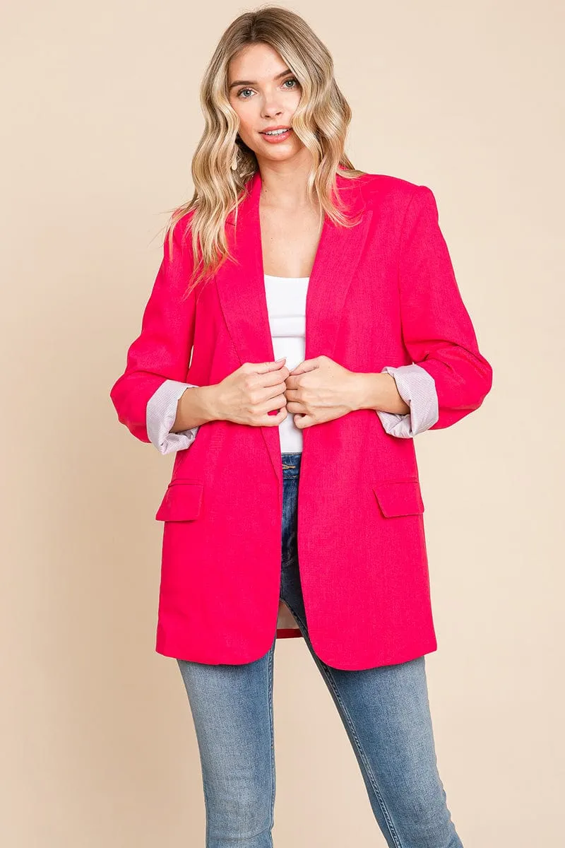 Lapel Neck Solid Pocket Long Sleeve Linen Blazer