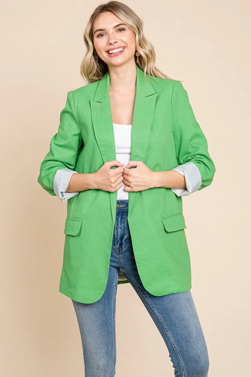 Lapel Neck Solid Pocket Long Sleeve Linen Blazer