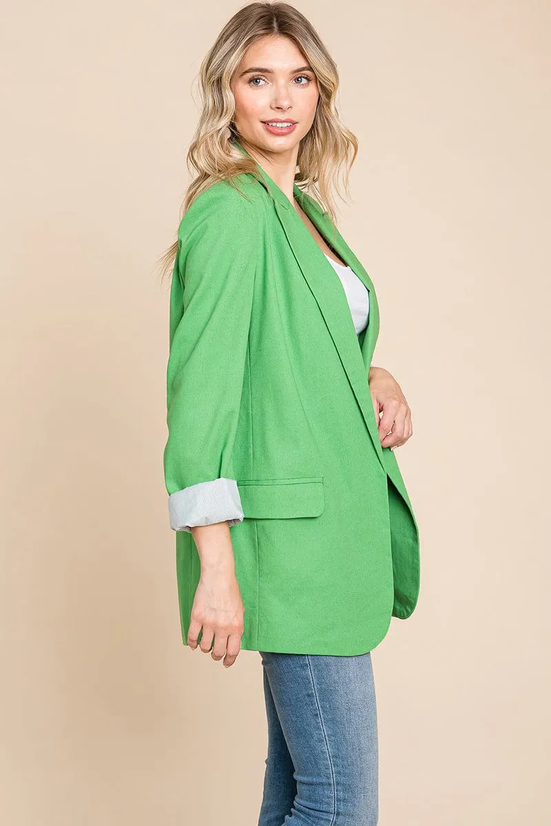 Lapel Neck Solid Pocket Long Sleeve Linen Blazer