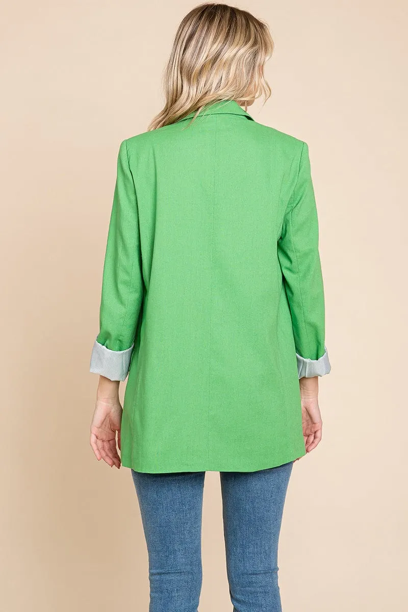 Lapel Neck Solid Pocket Long Sleeve Linen Blazer