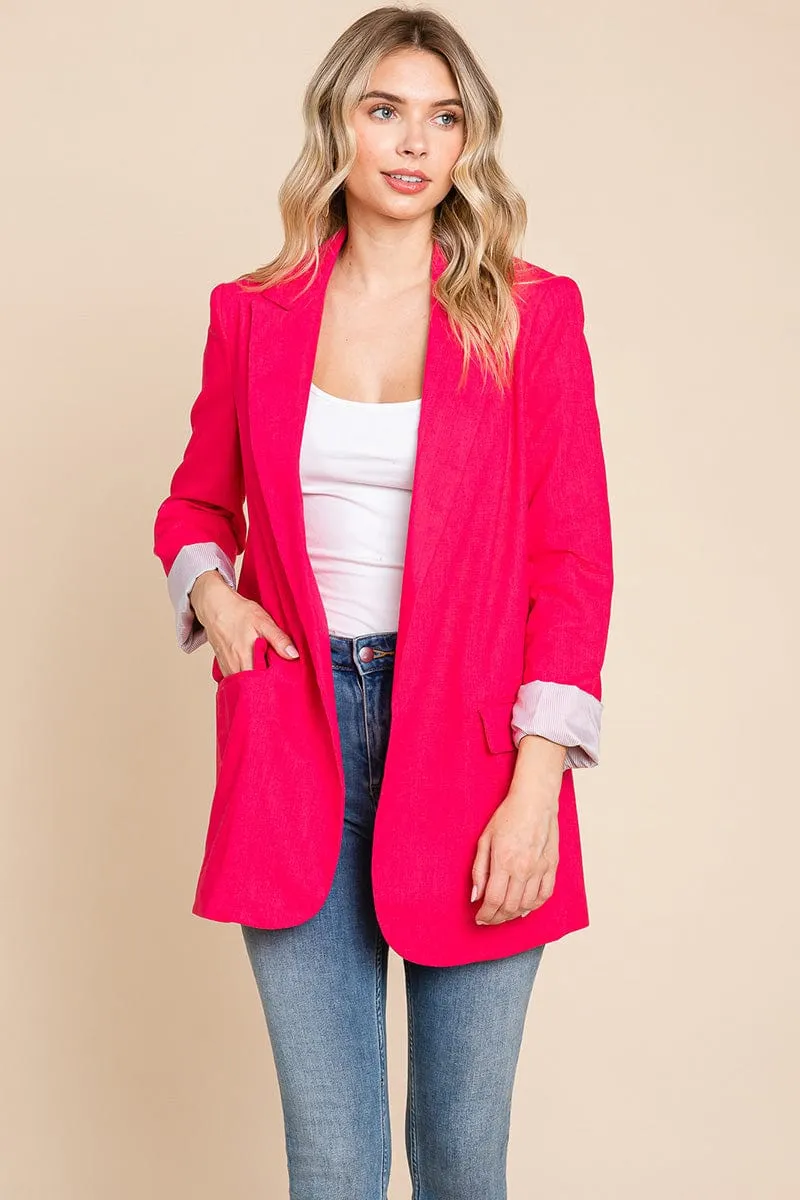 Lapel Neck Solid Pocket Long Sleeve Linen Blazer
