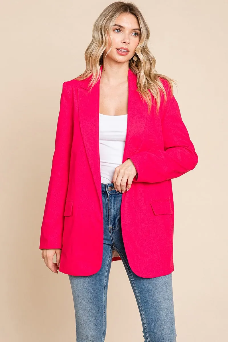 Lapel Neck Solid Pocket Long Sleeve Linen Blazer