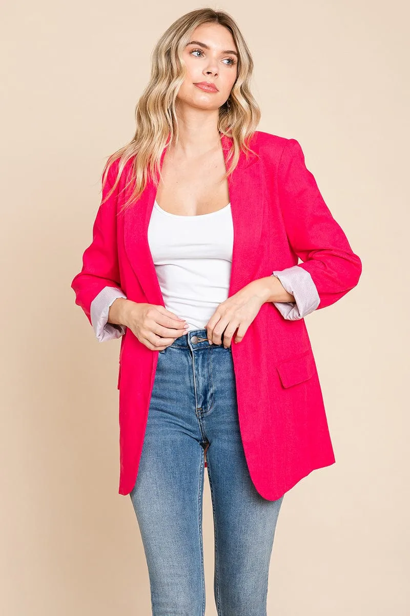 Lapel Neck Solid Pocket Long Sleeve Linen Blazer