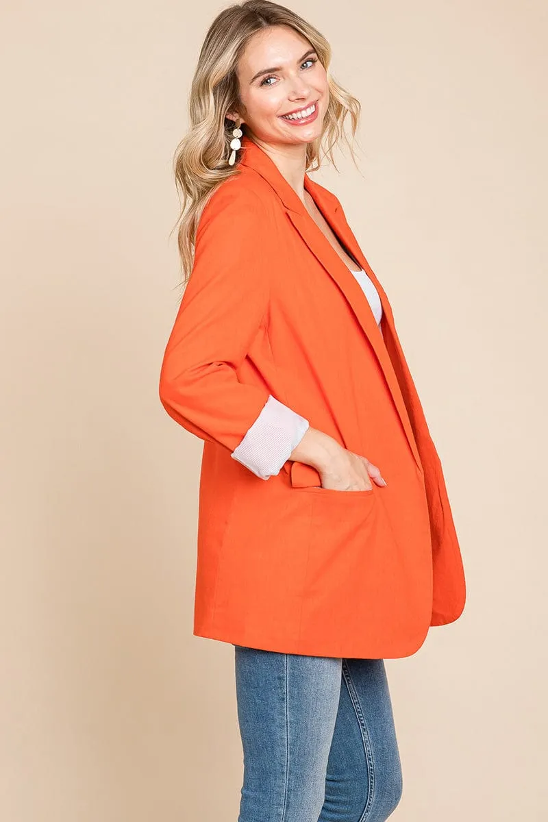 Lapel Neck Solid Pocket Long Sleeve Linen Blazer