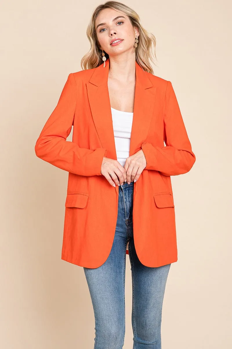 Lapel Neck Solid Pocket Long Sleeve Linen Blazer