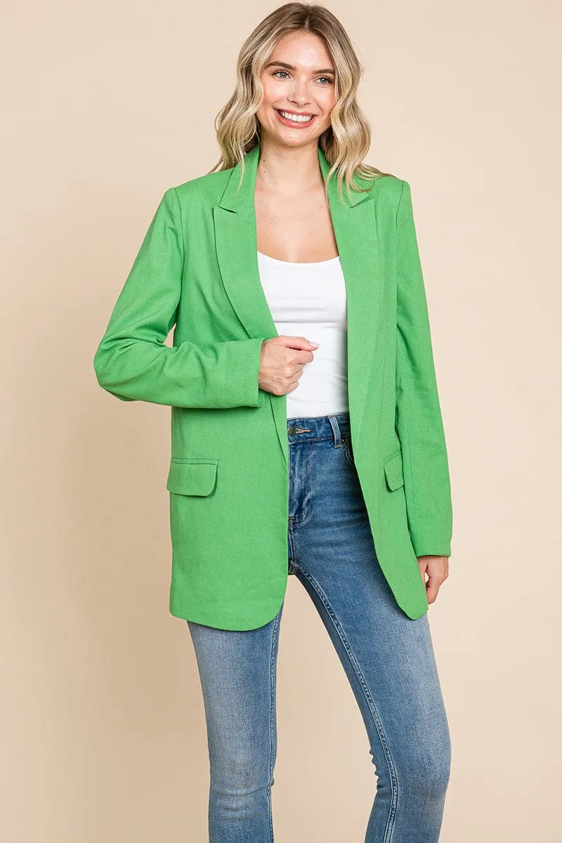 Lapel Neck Solid Pocket Long Sleeve Linen Blazer