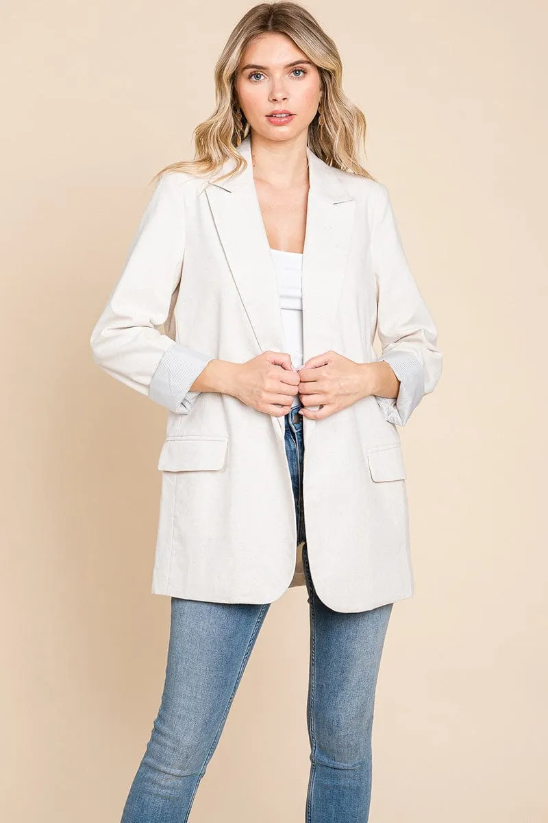 Lapel Neck Solid Pocket Long Sleeve Linen Blazer