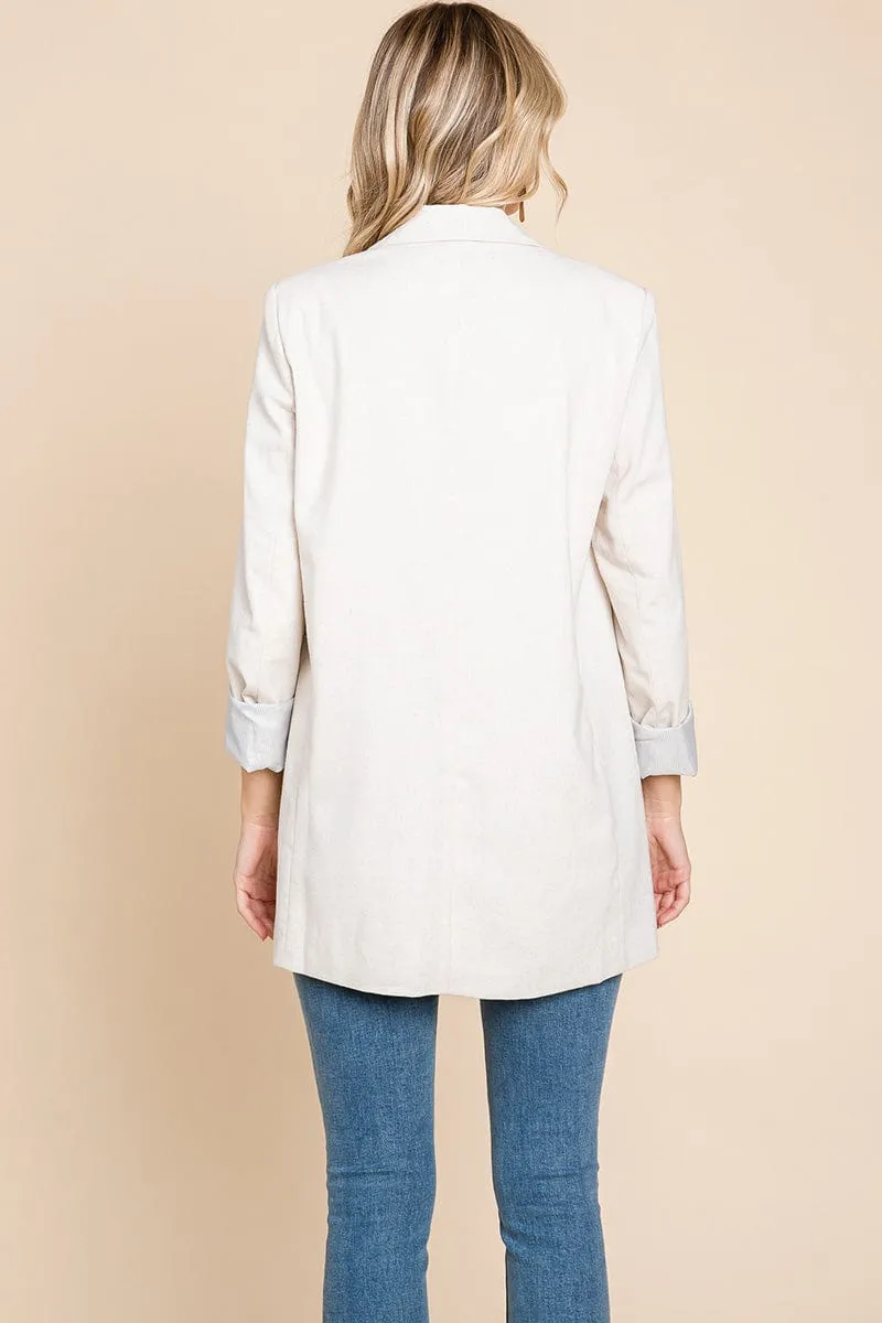 Lapel Neck Solid Pocket Long Sleeve Linen Blazer