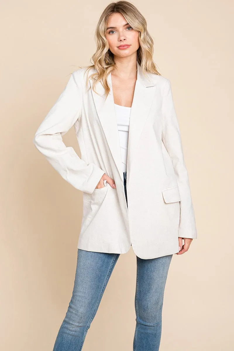 Lapel Neck Solid Pocket Long Sleeve Linen Blazer