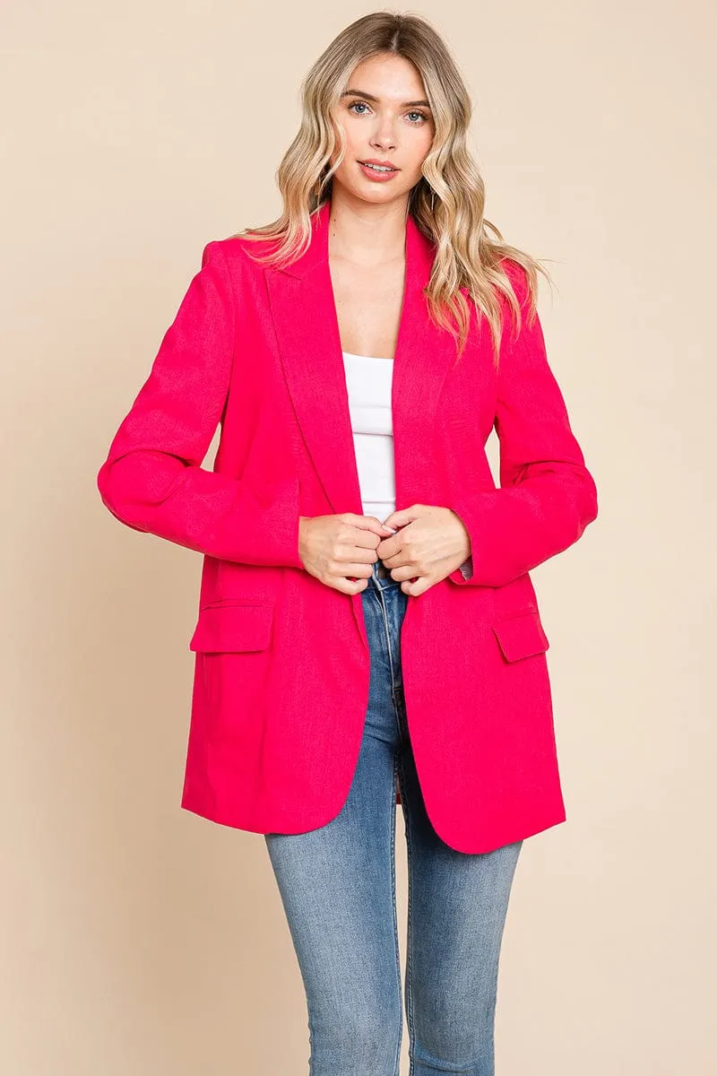 Lapel Neck Solid Pocket Long Sleeve Linen Blazer