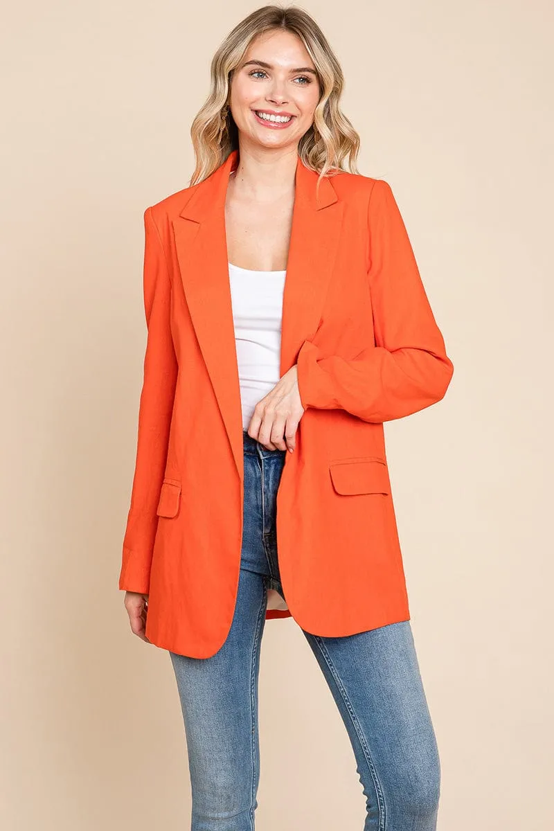 Lapel Neck Solid Pocket Long Sleeve Linen Blazer