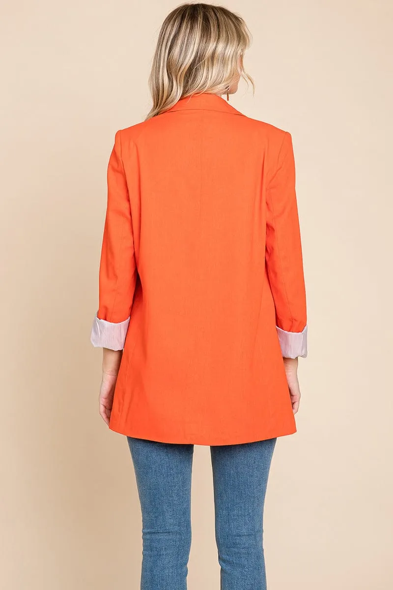Lapel Neck Solid Pocket Long Sleeve Linen Blazer