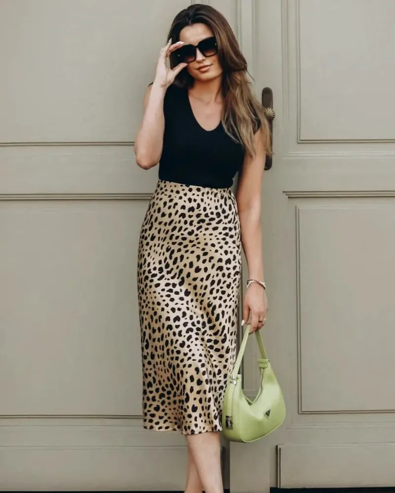 Leopard Print 100% Silk Midi Skirts