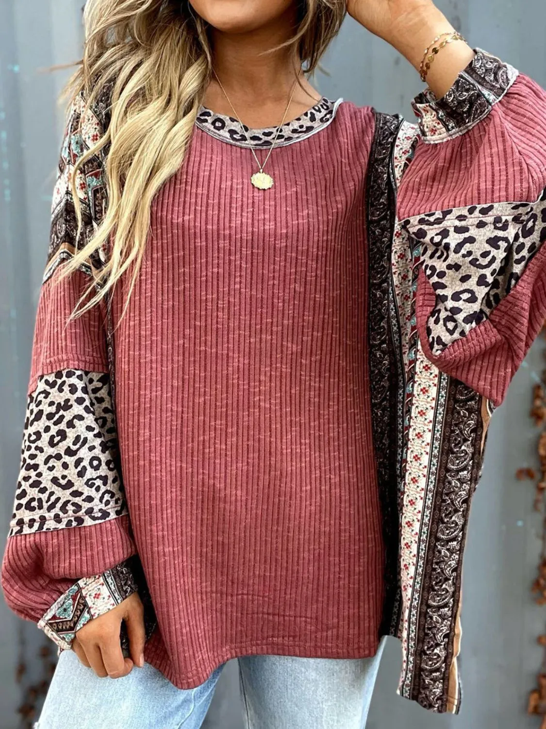 Leopard Round Neck Long Sleeve Sweatshirt🔴🟠
