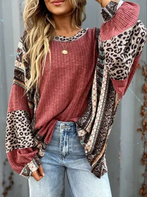 Leopard Round Neck Long Sleeve Sweatshirt🔴🟠